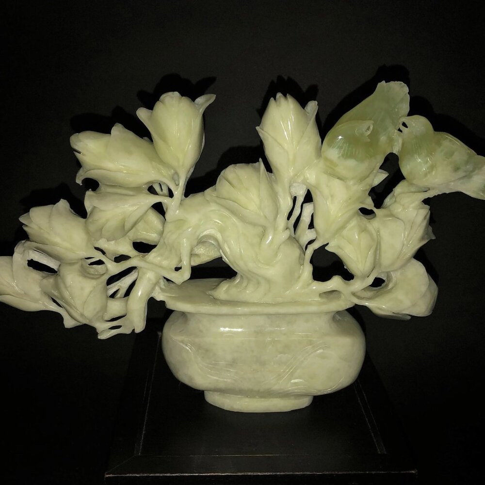 LARGE! "Mutton Fat Jade" Bonsai & Birds Sculpture Nephrite Figurine Carving
